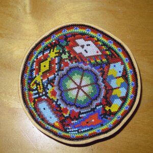 Vintage Beaded Mexican Folk Art Huichol Hand Made Gourd Ceremonial Prayer Bowl